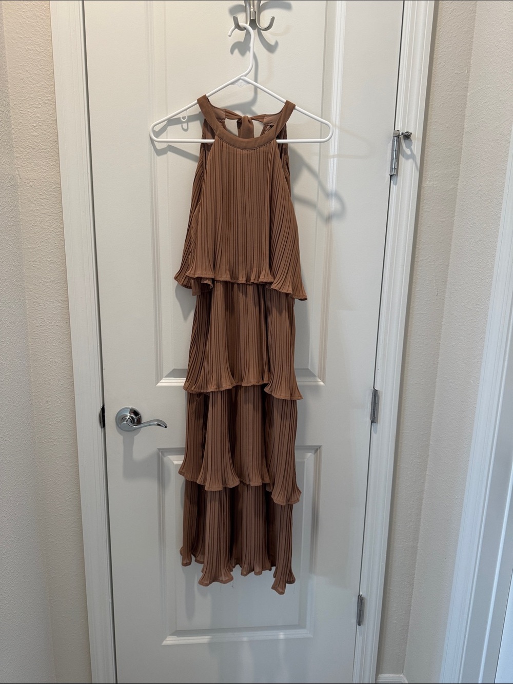 Tiered Pleated Maxi Dress in Warm Brown